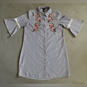 Millenium Shirt Dress Small Blue Striped Floral Embroidered Button Bell Sleeves